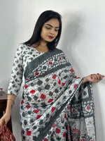 Saree Mall Women's Cotton White Printed Designer Saree With Blouse Piece-MINAXI3101