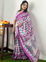 Saree Mall Women's Cotton White Printed Designer Saree With Blouse Piece-MINAXI3102