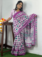 Saree Mall Women's Cotton White Printed Designer Saree With Blouse Piece-MINAXI3102