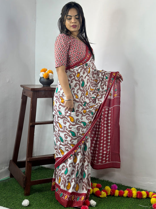 Saree Mall Women's Cotton White Printed Designer Saree With Blouse Piece-MINAXI3201