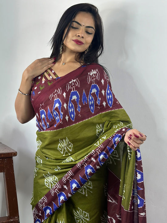 Saree Mall Women's Cotton Olive Printed Designer Saree With Blouse Piece-MINAXI3301