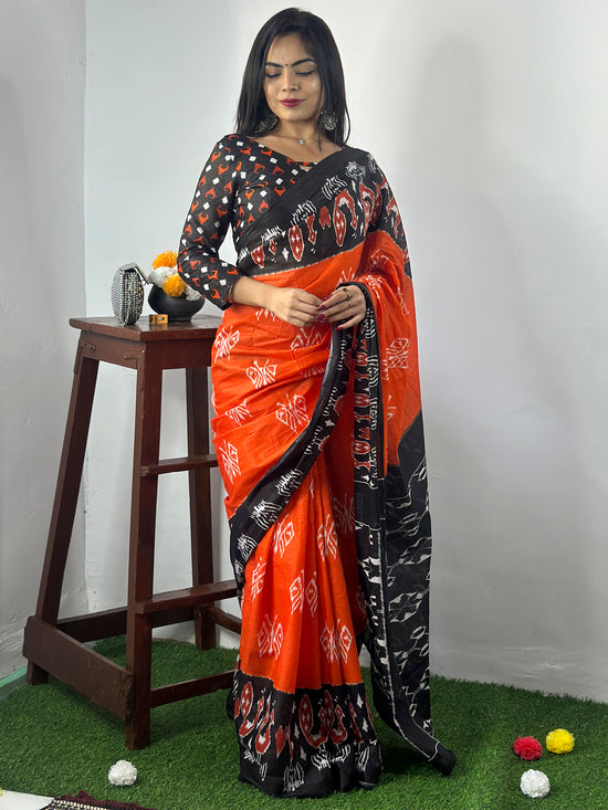 Saree Mall Women's Cotton Orange Printed Designer Saree With Blouse Piece-MINAXI3302