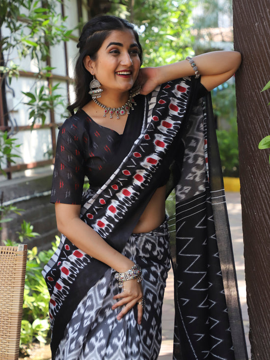 Saree Mall Women's Cotton Charcoal Grey Printed Designer Saree With Blouse Piece-MINAXI3401