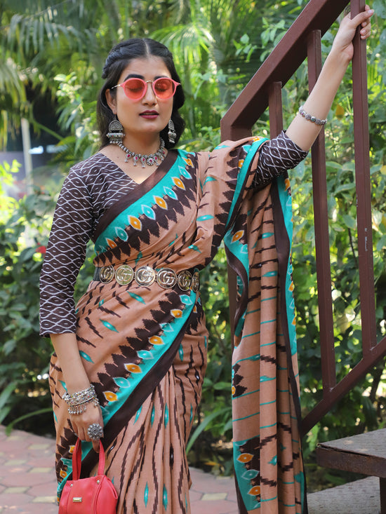 Saree Mall Women's Cotton Brown Printed Designer Saree With Blouse Piece-MINAXI3701