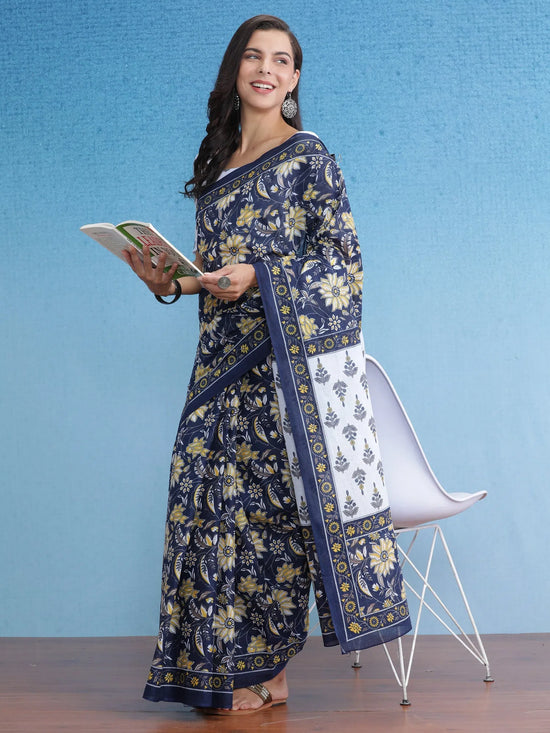 Saree Mall Women's Cotton Navy Blue Printed Designer Saree With Blouse Piece-MINAXI4102