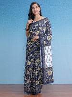 Saree Mall Women's Cotton Navy Blue Printed Designer Saree With Blouse Piece-MINAXI4102