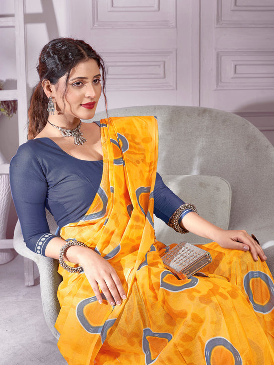 Saree Mall Women's Cotton Yellow Printed Designer Saree With Blouse Piece-MINAXI4403