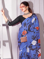 Saree Mall Women's Cotton Blue Printed Designer Saree With Blouse Piece-MINAXI4404