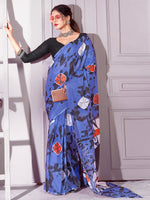 Saree Mall Women's Cotton Blue Printed Designer Saree With Blouse Piece-MINAXI4404