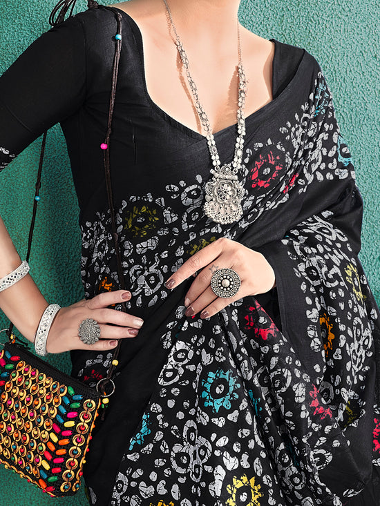 Saree Mall Women's Cotton Black Printed Designer Saree With Blouse Piece-MINAXI4501