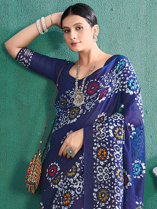 Saree Mall Women's Cotton Navy Blue Printed Designer Saree With Blouse Piece-MINAXI4504