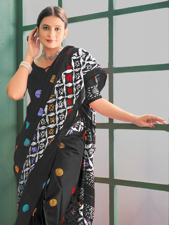 Saree Mall Women's Cotton Black Printed Designer Saree With Blouse Piece-MINAXI4602