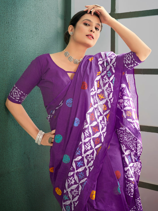 Saree Mall Women's Cotton Purple Printed Designer Saree With Blouse Piece-MINAXI4603