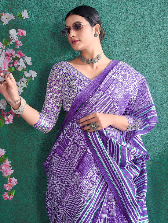 Saree Mall Women's Cotton Purple Printed Designer Saree With Blouse Piece-MINAXI4701