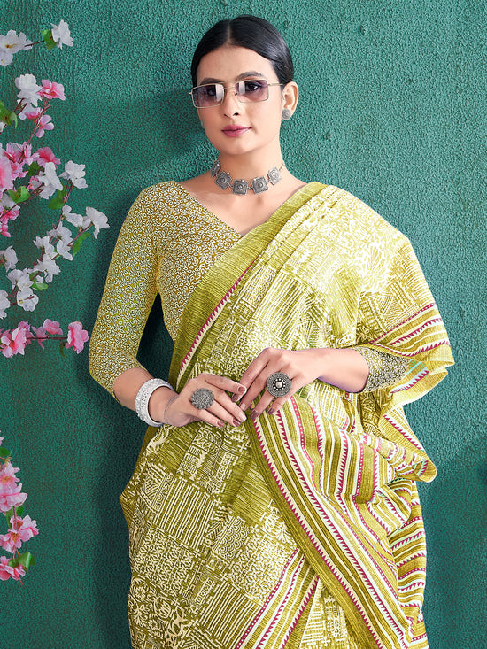 Saree Mall Women's Cotton Olive Printed Designer Saree With Blouse Piece-MINAXI4705