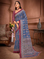 Saree Mall Women's Cotton Blue Printed Designer Saree With Blouse Piece-MINAXI4806