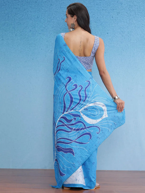 Saree Mall Women's Cotton Blue Printed Designer Saree With Blouse Piece-MINAXI4911