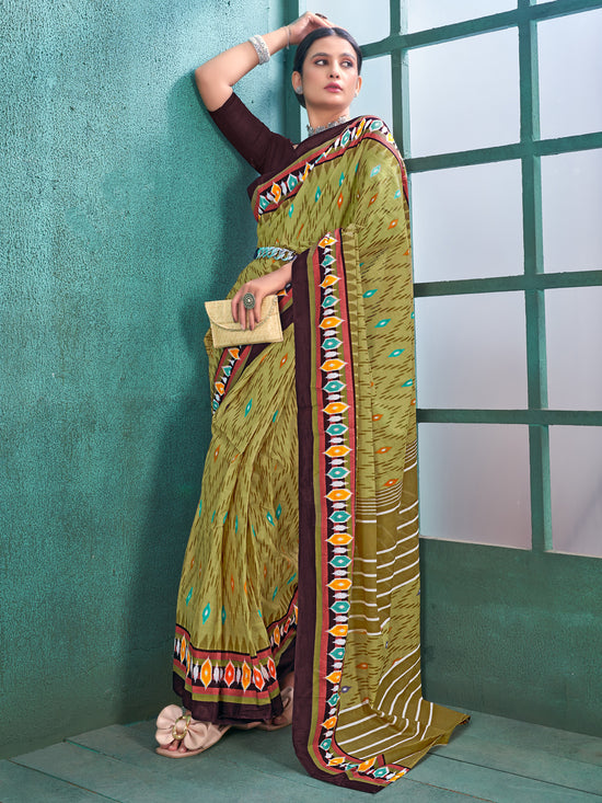 Saree Mall Women's Cotton Olive Printed Designer Saree With Blouse Piece-MINAXI5204