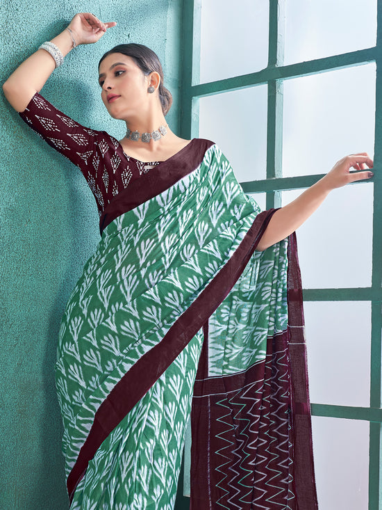 Saree Mall Women's Cotton Sea Green Printed Designer Saree With Blouse Piece-MINAXI5401