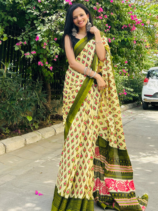 Saree Mall Women's Cotton Yellow Printed Designer Saree With Blouse Piece-MINAXI5901