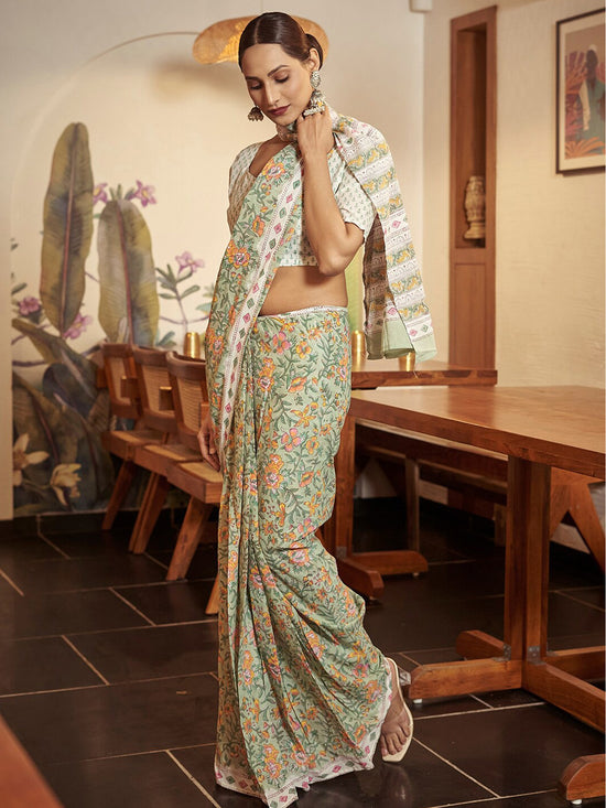 Saree Mall Women's Cotton Light Green Printed Designer Saree With Blouse Piece-MINAXI7503