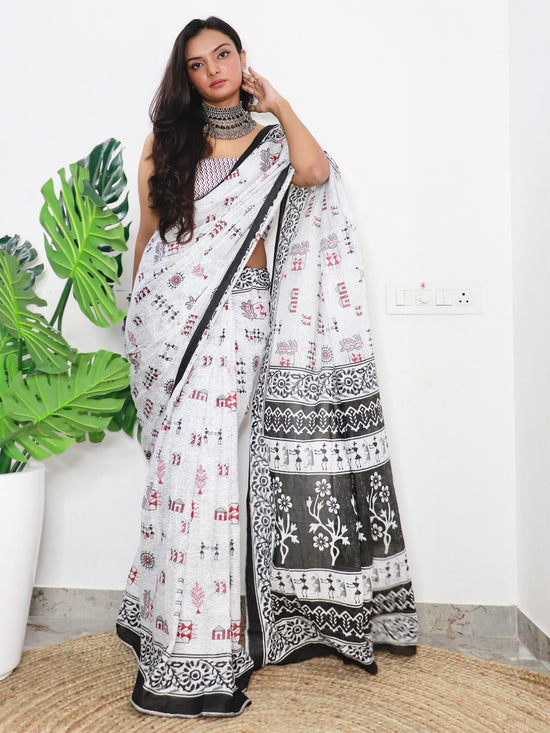 Saree Mall Women's Cotton White Printed Designer Saree With Blouse Piece-MINAXI8009