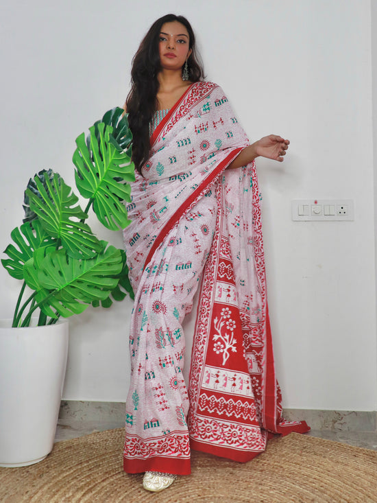 Saree Mall Women's Cotton White Printed Designer Saree With Blouse Piece-MINAXI9002