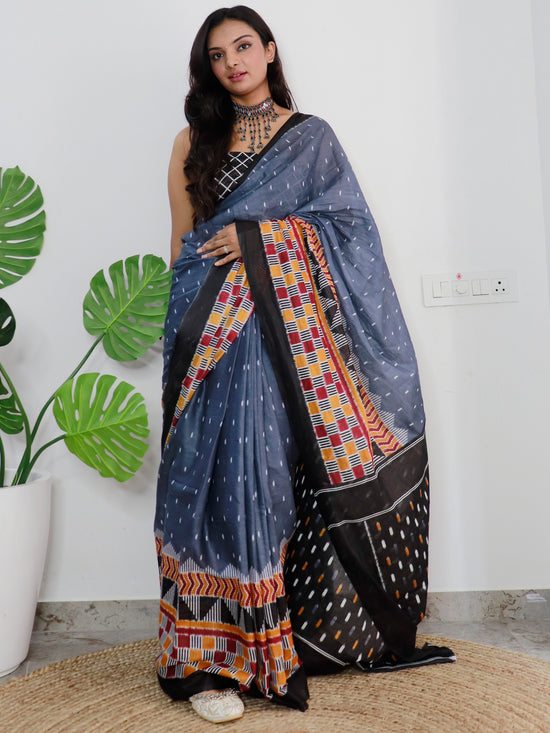 Saree Mall Women's Cotton Grey Printed Designer Saree With Blouse Piece-MINAXI9007