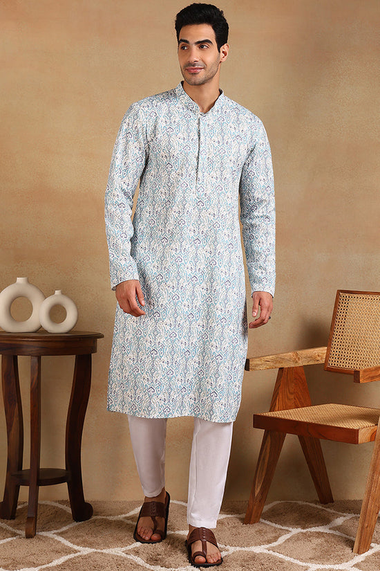 Ethnic Bay Teal Viscose Rayon Ethnic Motifs Embroidered Straight Kurta For Men MKU1004TIL