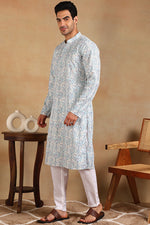 Ethnic Bay Teal Viscose Rayon Ethnic Motifs Embroidered Straight Kurta For Men MKU1004TIL