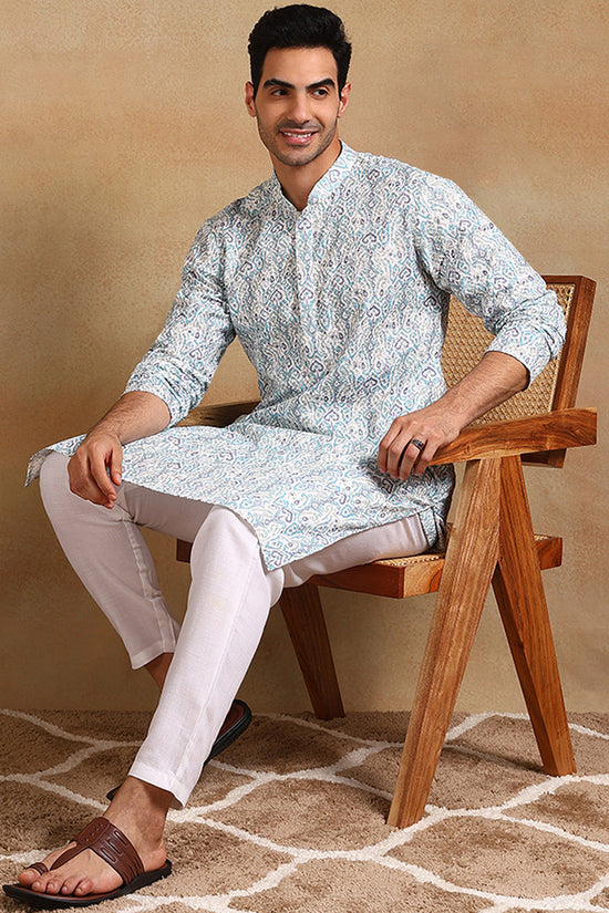 Ethnic Bay Teal Viscose Rayon Ethnic Motifs Embroidered Straight Kurta For Men MKU1004TIL