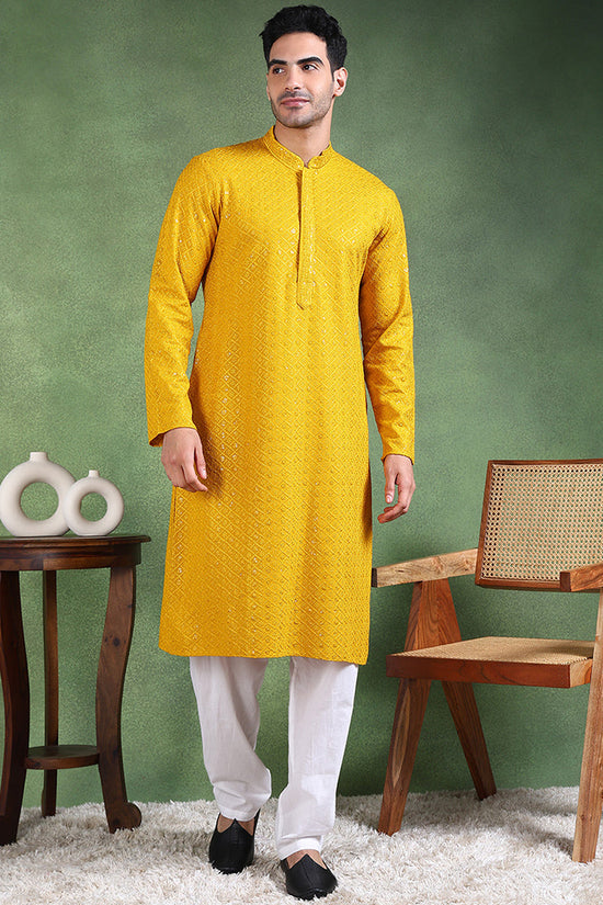 Ethnic Bay Mustard Viscose Rayon Solid Embroidered Straight Kurta For Men MKU1007YLW