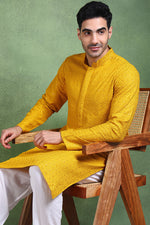 Ethnic Bay Mustard Viscose Rayon Solid Embroidered Straight Kurta For Men MKU1007YLW