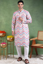 Ethnic Bay Pink Viscose Rayon Ikat Embroidered Straight Kurta For Men MKU1008PNK