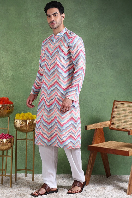 Ethnic Bay Pink Viscose Rayon Ikat Embroidered Straight Kurta For Men MKU1008PNK