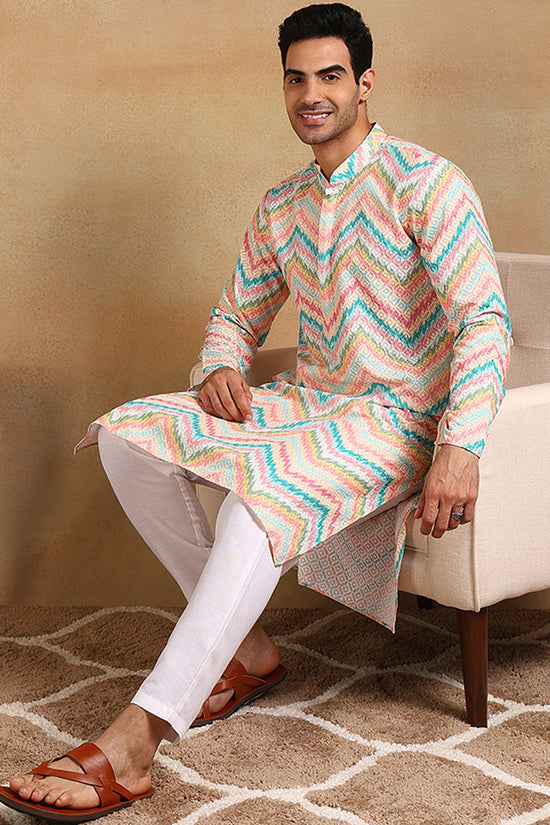 Ethnic Bay Teal Viscose Rayon Chevron Embroidered Straight Kurta For Men MKU1008TIL