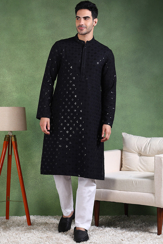 Ethnic Bay Black Viscose Rayon Solid Embroidered Straight Kurta For Men MKU1010BLK