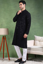 Ethnic Bay Black Viscose Rayon Solid Embroidered Straight Kurta For Men MKU1010BLK