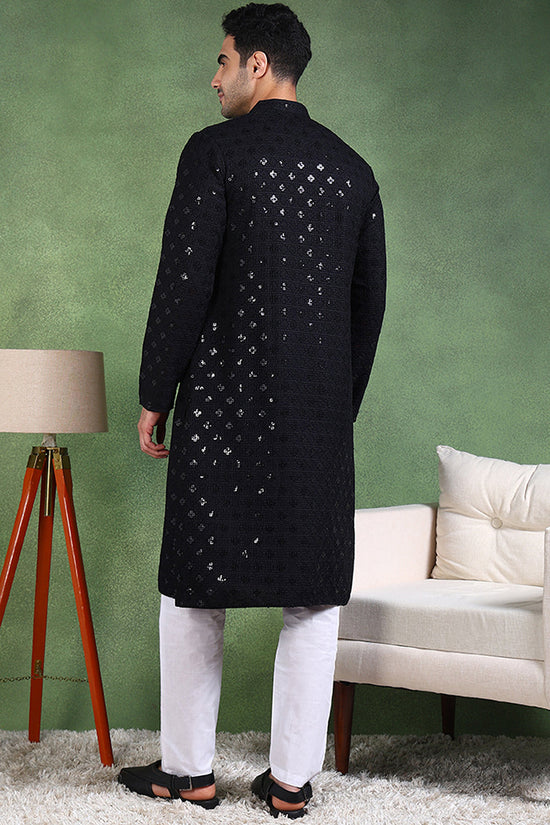 Ethnic Bay Black Viscose Rayon Solid Embroidered Straight Kurta For Men MKU1010BLK