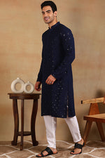 Ethnic Bay Navy Blue Viscose Rayon Solid Embroidered Straight Kurta For Men MKU1010BLU