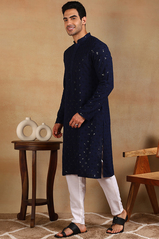 Ethnic Bay Navy Blue Viscose Rayon Solid Embroidered Straight Kurta For Men MKU1010BLU