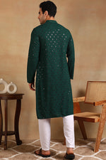 Ethnic Bay Green Viscose Rayon Solid Embroidered Straight Kurta For Men MKU1010GRN