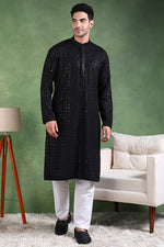 Ethnic Bay Black Viscose Rayon Solid Embroidered Straight Kurta For Men MKU1011BLK