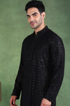 Ethnic Bay Black Viscose Rayon Solid Embroidered Straight Kurta For Men MKU1011BLK