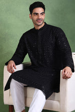 Ethnic Bay Black Viscose Rayon Solid Embroidered Straight Kurta For Men MKU1011BLK