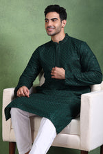 Ethnic Bay Green Viscose Rayon Solid Embroidered Straight Kurta For Men MKU1011GRN