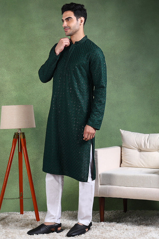 Ethnic Bay Green Viscose Rayon Solid Embroidered Straight Kurta For Men MKU1011GRN