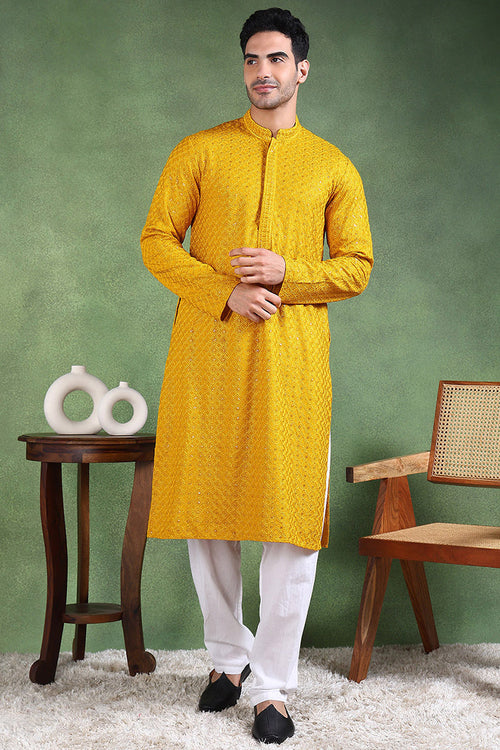 Ethnic Bay Mustard Viscose Rayon Solid Embroidered Straight Kurta For Men MKU1011YLW