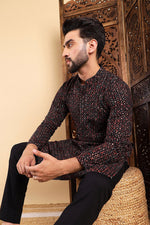 Ethnic Bay Black Viscose Rayon Ethnic Motifs Embroidered Straight Kurta For Men MKU1013BLK