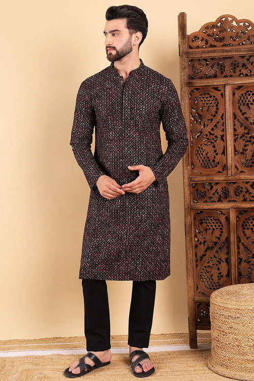 Ethnic Bay Black Viscose Rayon Ethnic Motifs Embroidered Straight Kurta For Men MKU1013BLK